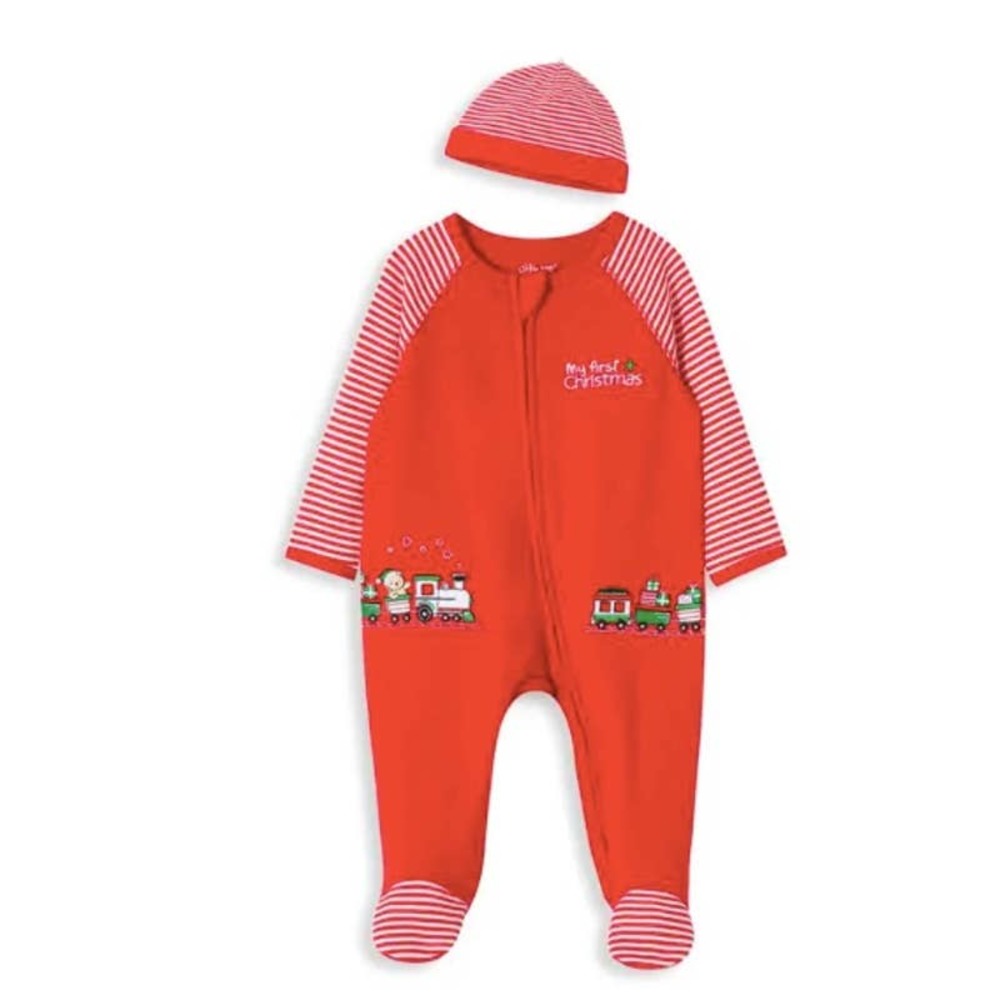 NWT Little Me Baby Boy's 2-Piece Striped Train Footie & Beanie Set (6 Months)